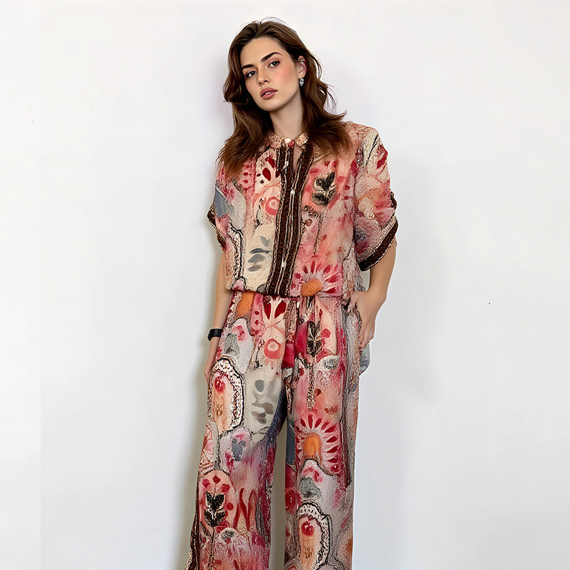 💜 LAST DAY PROMOTION - 50%OFF 💜Women's Printed Top & Wide Leg Pants 2-Piece Set