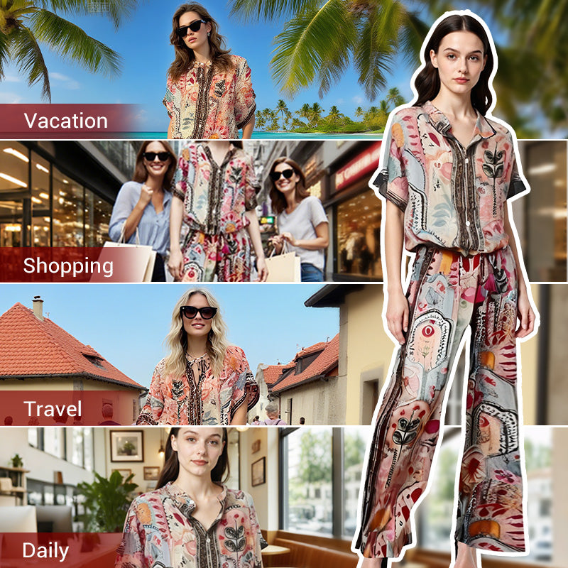 💜 LAST DAY PROMOTION - 50%OFF 💜Women's Printed Top & Wide Leg Pants 2-Piece Set