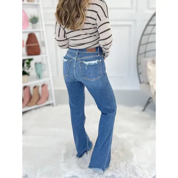 Vintage Double Button Frayed Hem Bootcut Jeans