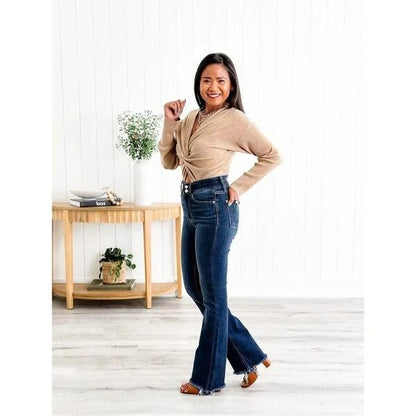 Vintage Double Button Frayed Hem Bootcut Jeans