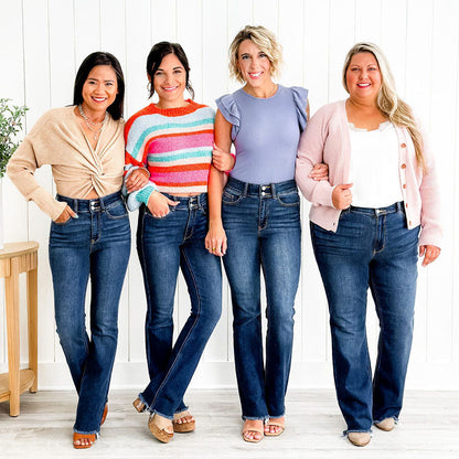 Vintage Double Button Frayed Hem Bootcut Jeans