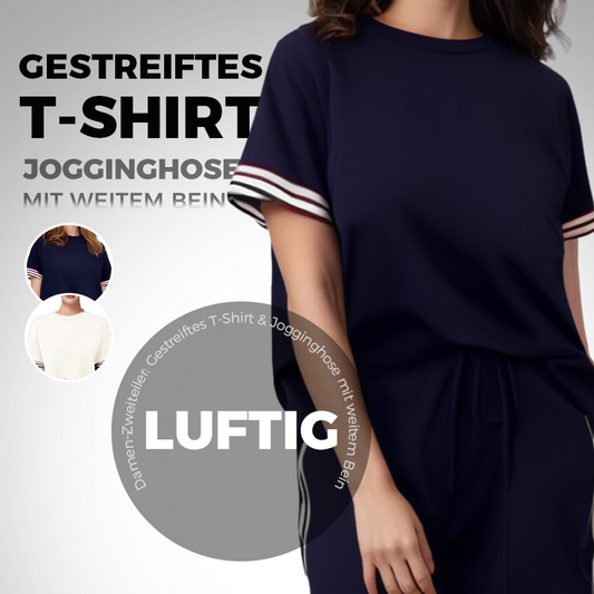 Damen-Zweiteiler: Gestreiftes T-Shirt & Jogginghose mit weitem Bein