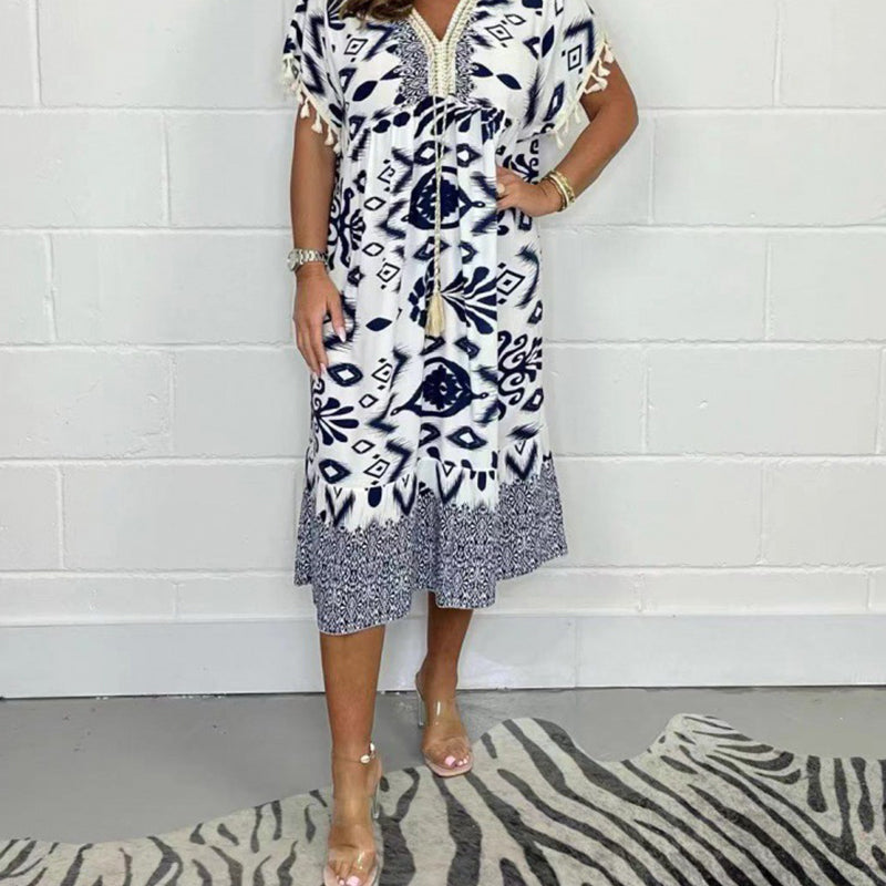 😍⏳Summer Hot Sale 50% Off🌼Printed Casual Dress With V-Neckline and Fringes on the Short Sleeves