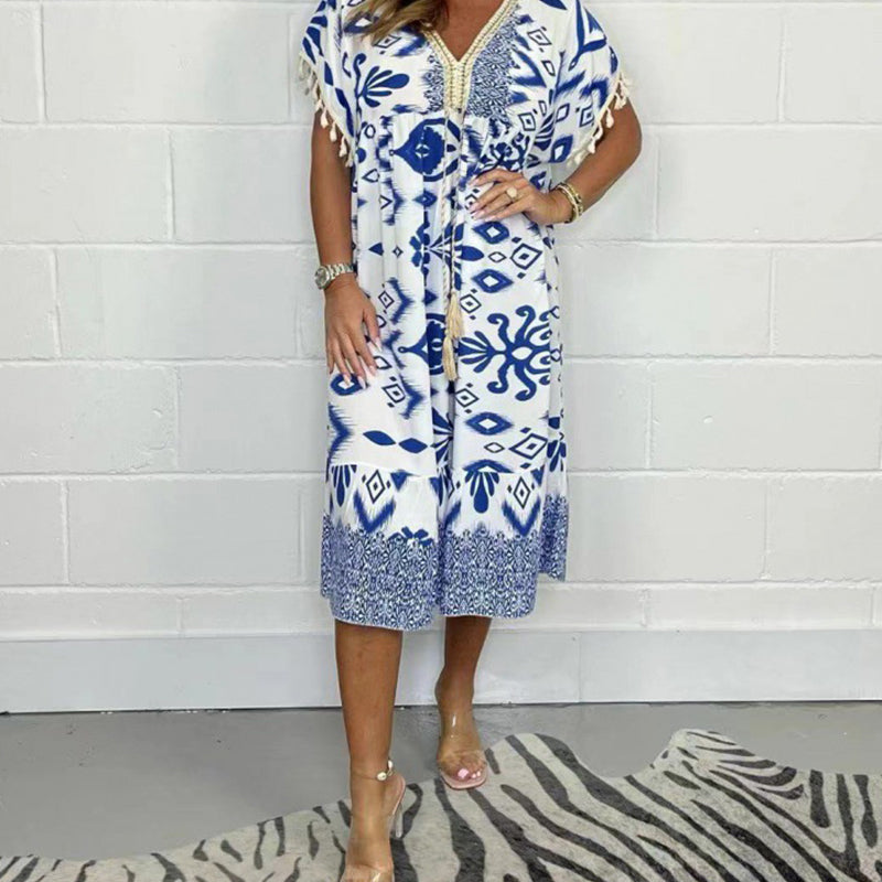 😍⏳Summer Hot Sale 50% Off🌼Printed Casual Dress With V-Neckline and Fringes on the Short Sleeves
