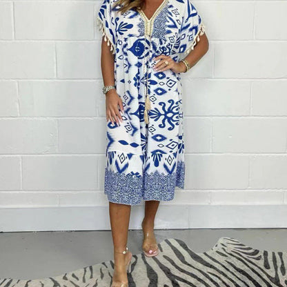 😍⏳Summer Hot Sale 50% Off🌼Printed Casual Dress With V-Neckline and Fringes on the Short Sleeves