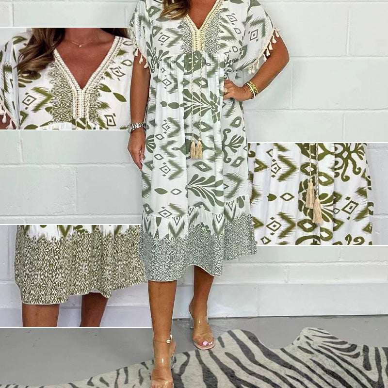 😍⏳Summer Hot Sale 50% Off🌼Printed Casual Dress With V-Neckline and Fringes on the Short Sleeves