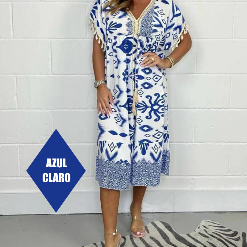 😍⏳Summer Hot Sale 50% Off🌼Printed Casual Dress With V-Neckline and Fringes on the Short Sleeves
