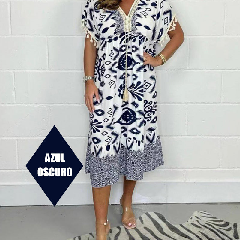 😍⏳Summer Hot Sale 50% Off🌼Printed Casual Dress With V-Neckline and Fringes on the Short Sleeves