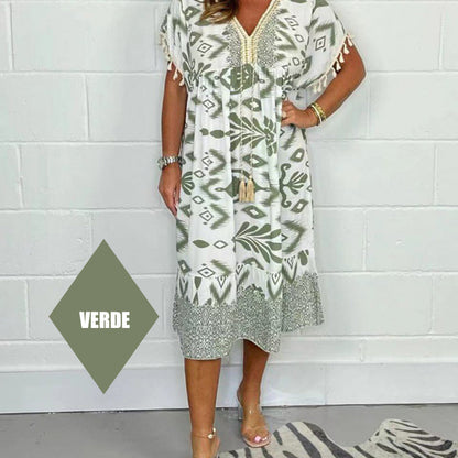 😍⏳Summer Hot Sale 50% Off🌼Printed Casual Dress With V-Neckline and Fringes on the Short Sleeves