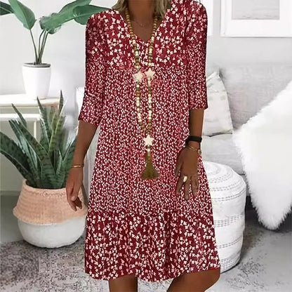 💖LAST DAY PROMOTION - 50%OFF💖Women's Fashion Printed Mid Sleeve V-Neck Dresses