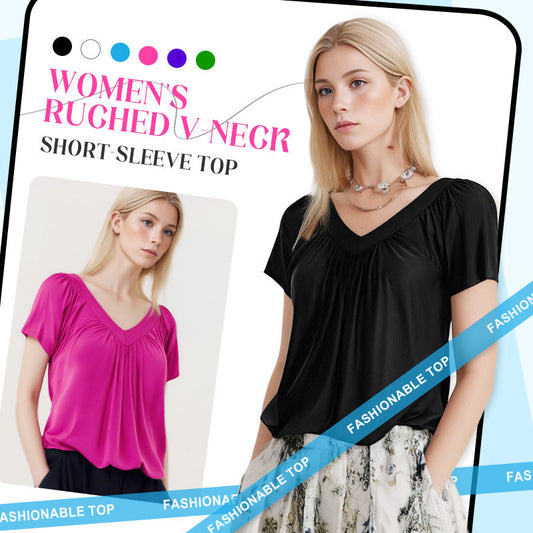 💖Lässiges Damen-Plissee-Shirt mit V-Ausschnitt und kurzen Ärmeln