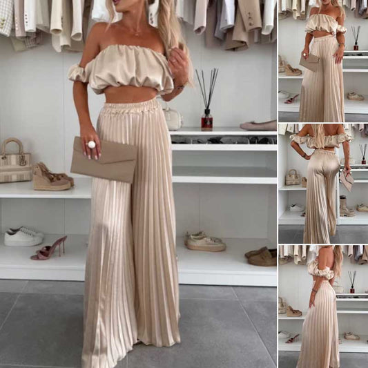 🔥2025 Hot Sale🔥Sexy, einfarbiges Oberteil und Hose mit weitem Bein für Damen, zweiteiliges Set