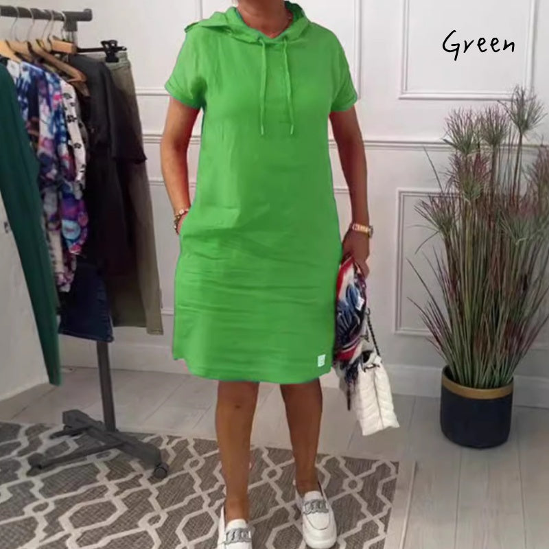 Women's Loose Casual Solid Drawstring Hooded Dress